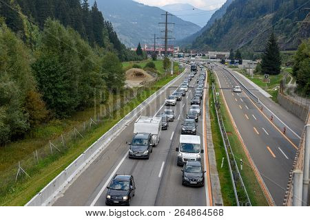 Vehicles Waiting In Line For Entering Gotthard Tunnel On Switzerland