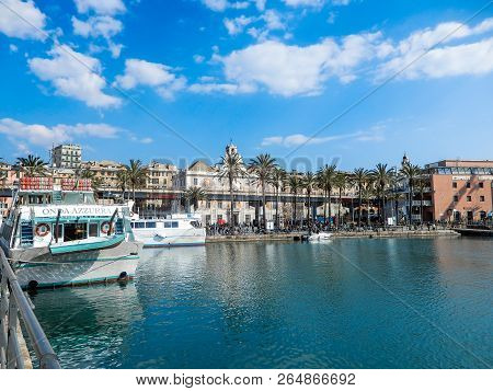 Genoa (genova), Italy, March 25, 2018 - View Of Porto Antico (old Harbor) Of Genoa, Italy.