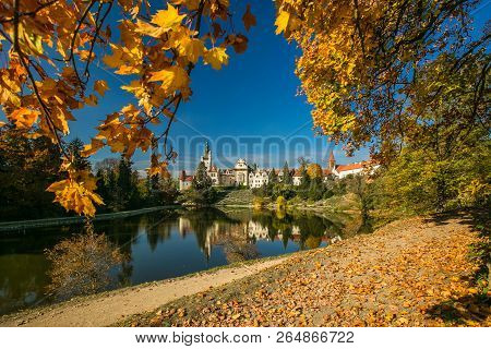 Beautiful Fall Scenery Of Famous Pruhonice Castle, Czech Republic, Europe, Standing On Hill, Sunny D