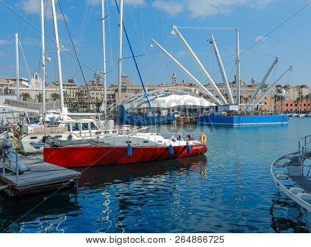 Genoa (genova), Italy, March 25, 2018 - View Of Porto Antico (old Harbor) Of Genoa, Italy.