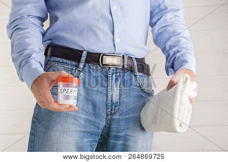 Male Donor Donates Sperm In The Laboratory. Medicine Concept. Sperm Bank