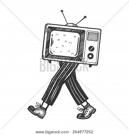 Tv Walks On Its Feet Engraving Vector Illustration. Scratch Board Style Imitation. Black And White H