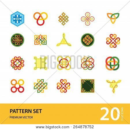 Pattern Icon Set. Hexagon Infinite Traditional Knot Chinese Amulet Round Creative Square Pattern Ete
