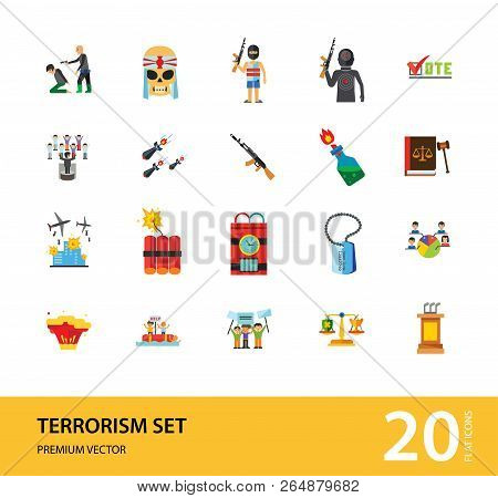 Terrorism Icon Set. Kamikaze Fire Cocktail Dynamite Army Tags Hostage Bomb With Timer Machine Gun Mi