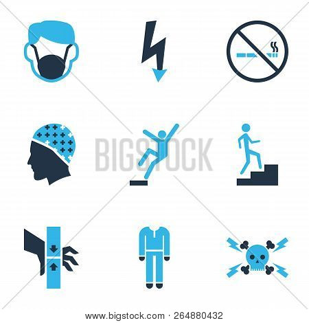 Protection Icons Colored Set With Fall Hazard, Dust Mask, Danger Moving Parts And Other Downfall Ele