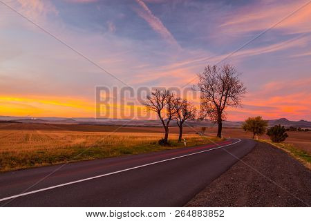 Small Chapel At Sunset. Sunset In Central Bohemian Upland, Czech Republic.