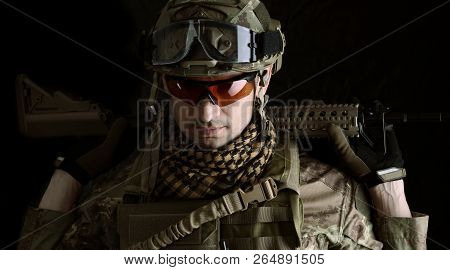 Macro Portrait Of A Military Man Sniper