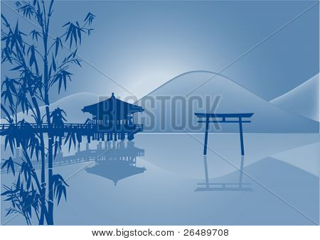 ilustração com pavilhão e reflexão em Lagoa