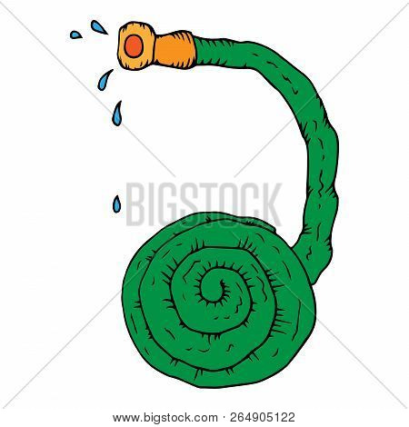 Hose With Drops Of Water. Water Hose. Rolled Up Garden Hose. Vector Of A Garden Plumbing Hose. Hand 