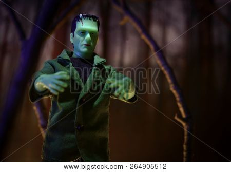 OCT 21, 2018: MEGO Corp Frankenstein Monster action figure walking through a haunted forest. 