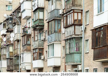 Balconies Of A Modern Pre-fabricated House. Kiev, Ukraine