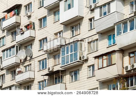 Balconies Of A Modern Pre-fabricated House. Kiev, Ukraine