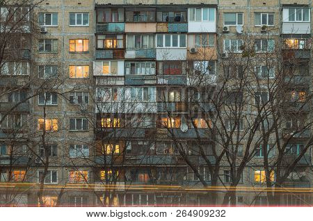 Balconies In An Old Panel Pre-fabricated House. Kiev, Ukraine