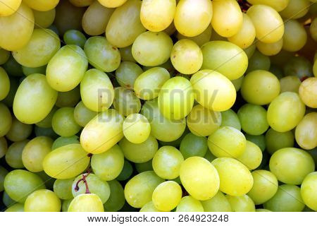 Bunch Of Ripe Green Grapes On A Market In Southern Europe, Detail, Close-up