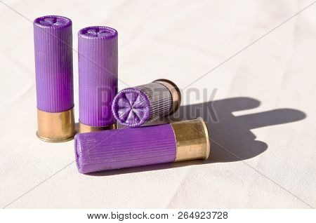 Four Purple 16 Gauge Shotgun Shells On A White Background Casting Their Shadow