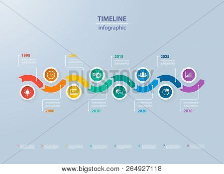 Infographics Timeline Template With Realistic Colorful Circles For 8 Steps And Icons. Can Be Used Fo