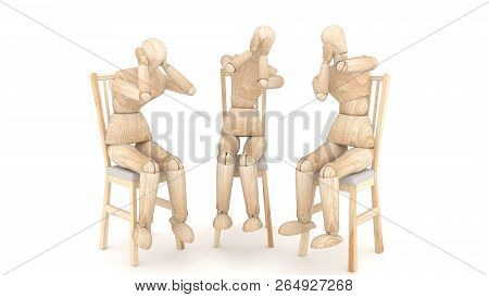 Mock Up Three Wooden Puppets. 3d Rendering