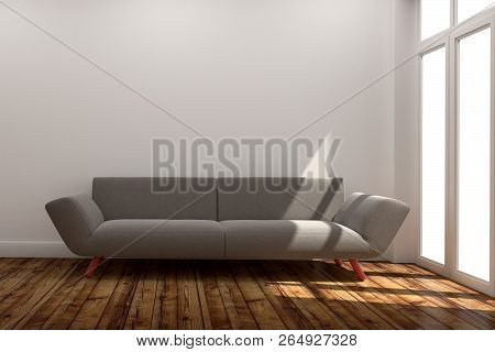 Living Room Interior With Sofa, Wooden Floor On White Wall Background.3d Rendering