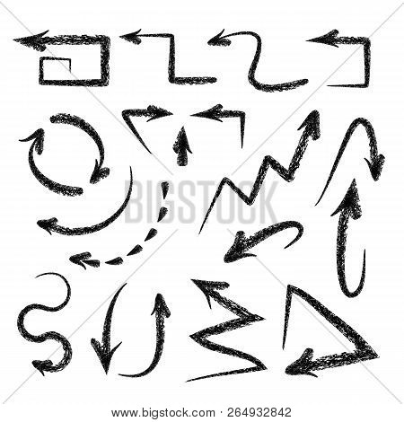 Grunge Arrow Set On White. Hand Drawn Vector Arrows.