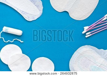 Flat Lay Background Top View Copy Space. Cotton Pads For Removal Makeup, Cotton Pads, Ear Sticks, Ta