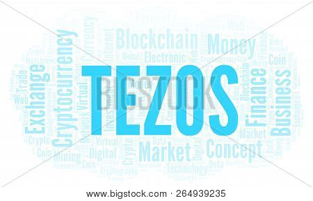 Tezos Cryptocurrency Coin Word Cloud. Word Cloud Made With Text Only.