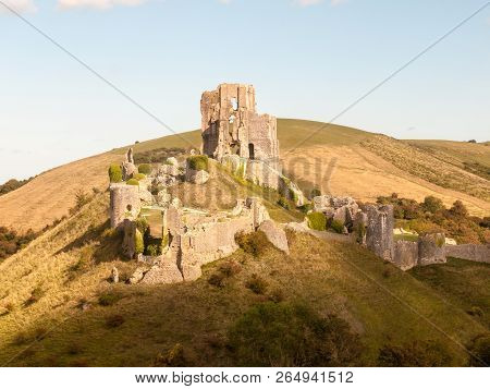 Corfe Castle Dorset Holiday Skyline Blue Clouds Nature Landscape Building Ruins Medieval Summer Day