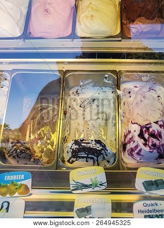Prerow On The Dars - August 03, 2018: View From Above Into The Display Of An Ice Cream Parlor With D