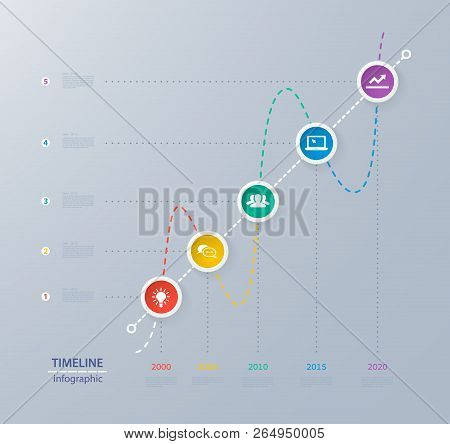 Infographics Timeline Template With Realistic Colorful Circles For 5 Steps And Icons. Can Be Used Fo