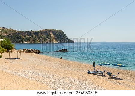 Himare, Albania- 29 June 2014: The Coast In The Tourist Town Of Himare. Stony Beach On The Adriatic 