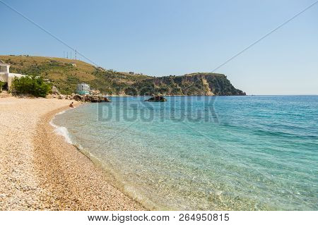 Himare, Albania- 29 June 2014: The Coast In The Tourist Town Of Himare. Stony Beach On The Adriatic 