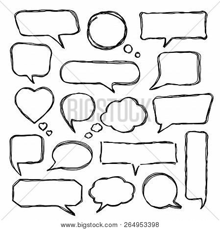 Set Of Scribbled Comic Speech Bubbles With Hand Drawn Doodle Style. Vector Talk And Thought Sketch B