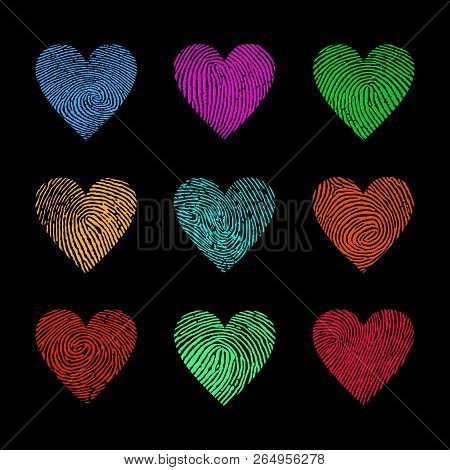 Heart With Colorful Fingerprint Texture Vector Set