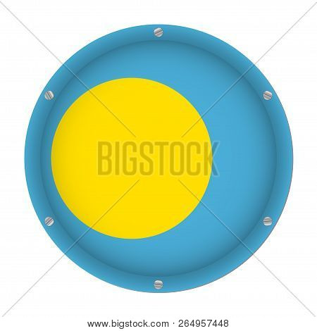 Round Metallic Flag Of Palau With Six Screws In Front Of A White Background