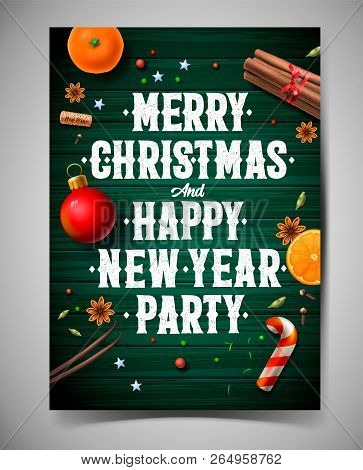 Merry Christmas And Happy New Year Party Design Template, Poster With Vintage Background With Typogr