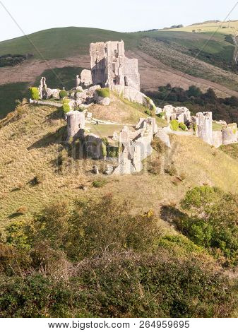 Corfe Castle Dorset Holiday Skyline Blue Clouds Nature Landscape Building Ruins Medieval Summer Day