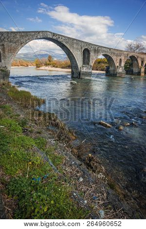 Medieval Bridge Over River Arahthos In Arta, Greece