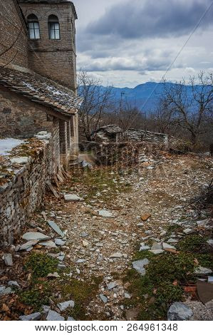 Beautiful Winter Landscape In Ruined Mountain Village Of Zagorohoria, Greece