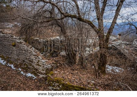 Beautiful Winter Landscape In Ruined Mountain Village Of Zagorohoria, Greece