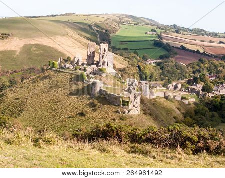 Corfe Castle Dorset Holiday Skyline Blue Clouds Nature Landscape Building Ruins Medieval Summer Day