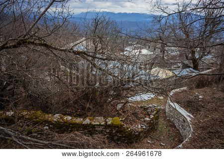 Beautiful Winter Landscape In Ruined Mountain Village Of Zagorohoria, Greece