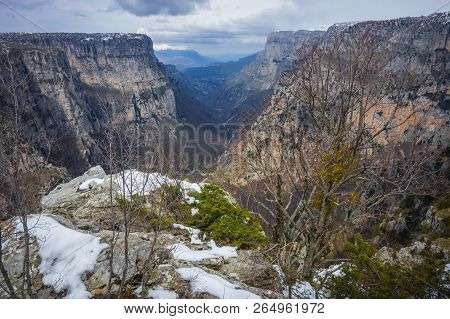 Beautiful Winter Landscape In Mountains Of Zagorohoria, Greece