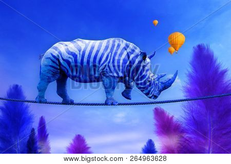 Blue rhino with zebra lines walking on a rope over blue feather trees background
