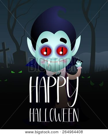 Happy Halloween Dark Invitation With Dracula. Creative Lettering With Cartoon Dracula On Dark Backgr