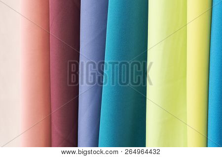 Samples Of Fabric - Gabardine Of Different Colors On The Display Case