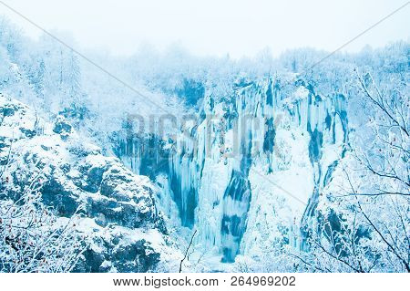 Croatia, Plitivice, Big Waterfalls, Frozen In Winter In Popular Nature Park Plitvicka Jezera, Fairy 