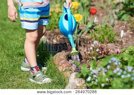 Boy With Blue Watering Can In His Hands Helping To Water The Flowers In A Countryside Croft.
