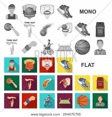 Basketball And Attributes Flat Icons In Set Collection For Design.basketball Player And Equipment Ve