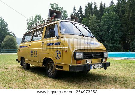 Dolni Kalna, Czech Republic - August 25 2018: Vintage Car Skoda 1203 Oldsmobile Veteran With Leather