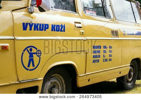 Dolni Kalna, Czech Republic - August 25 2018: Vintage Car Skoda 1203 Oldsmobile Veteran With Leather