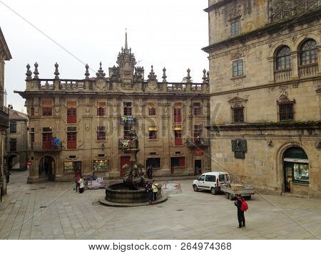 Santiago De Compostela, Spain - January 31, 2018: View Of Casa Do Cabildo House In Praterias Square 